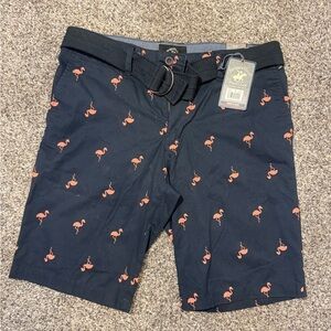 Beverly Hills Polo Club Navy Flamingo Print Shorts with Belt- NWT